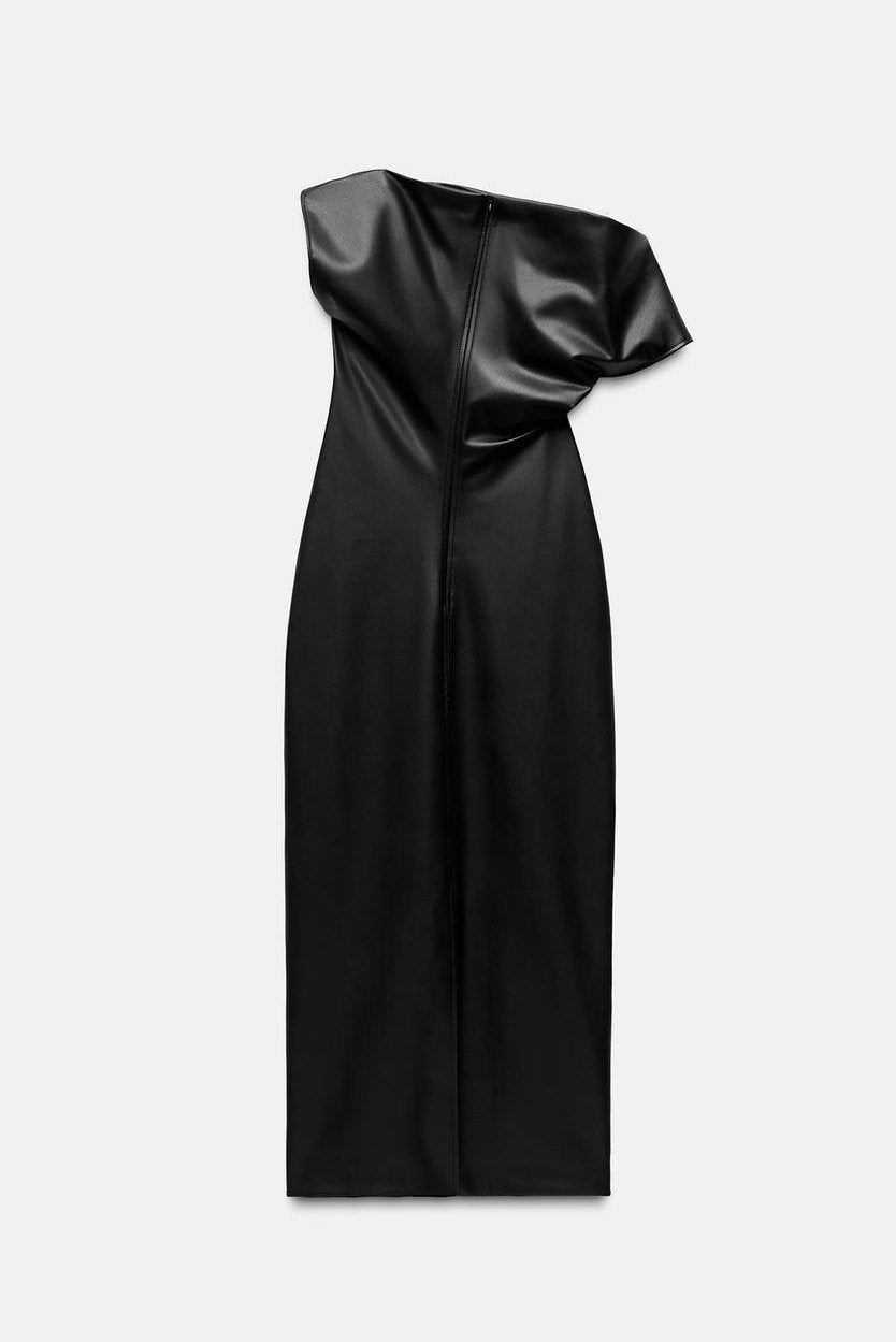 Asymmetric Midi Dress with Draped Neck in Faux Leather