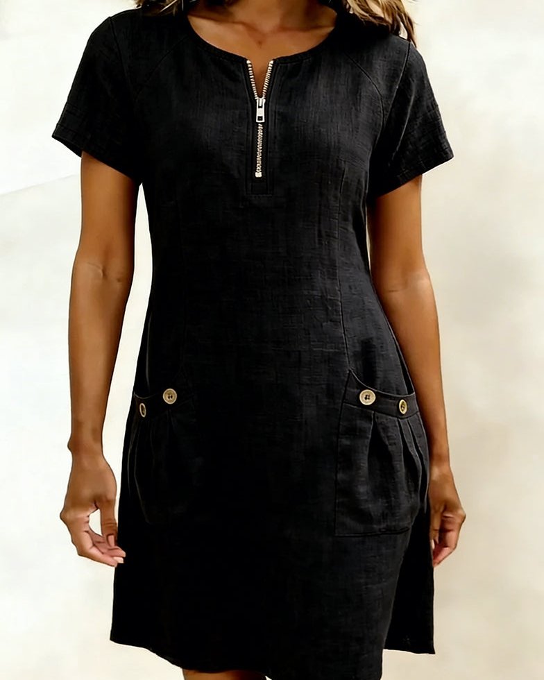 Womens Summer Dress in Linen with Half Zip Neck and Patch Pockets