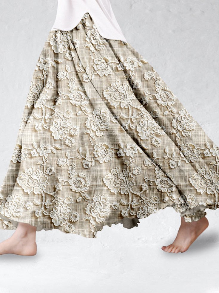 Womens Flowy Skirt with Floral Print and Scalloped Hem in Linen Look