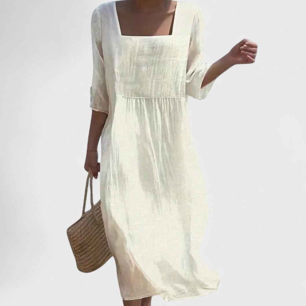 Womens Casual Dress with Front Panel and Square Neck in White