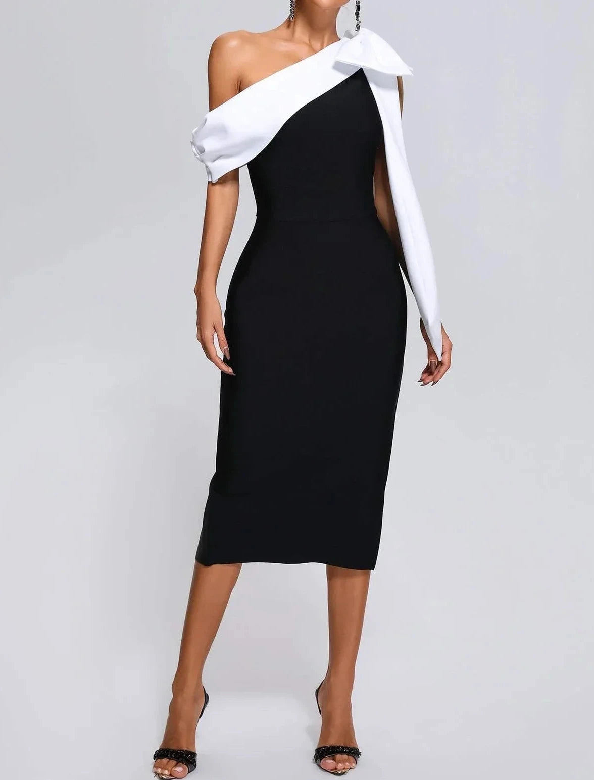 Women's Midi Dress with Asymmetric Neckline in Stretch Fabric