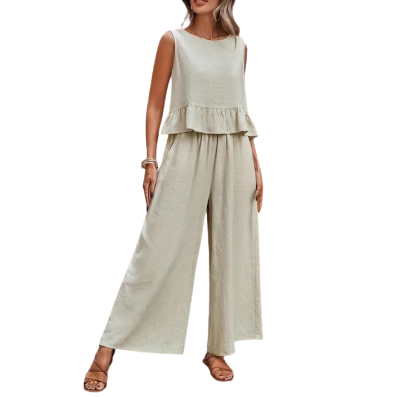 Womens Wide Leg Trousers and Ruffle Hem Tank Top in Linen Look