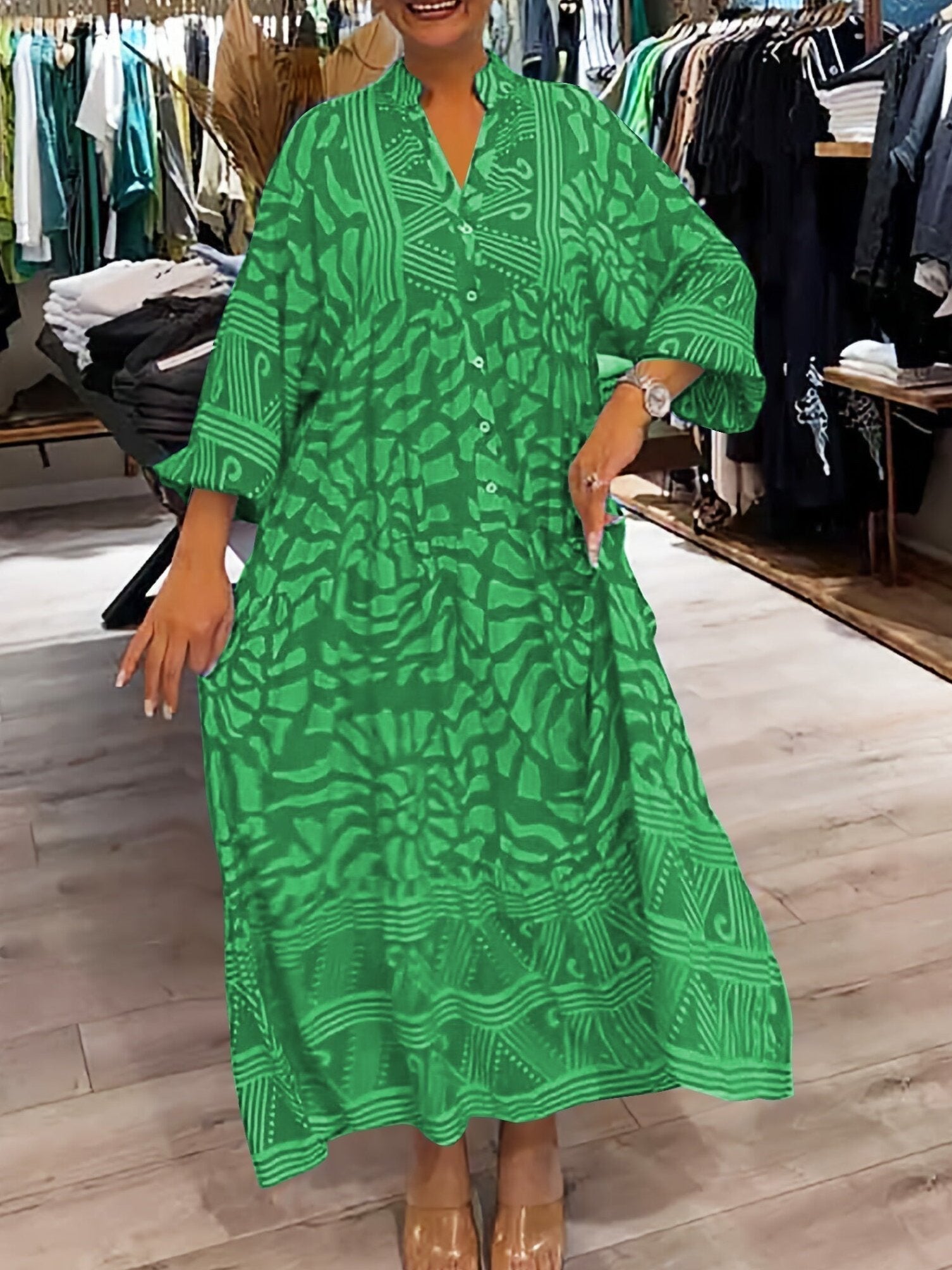 Womens Casual Dress in Printed Maxi Length with V-neck and Cuffs