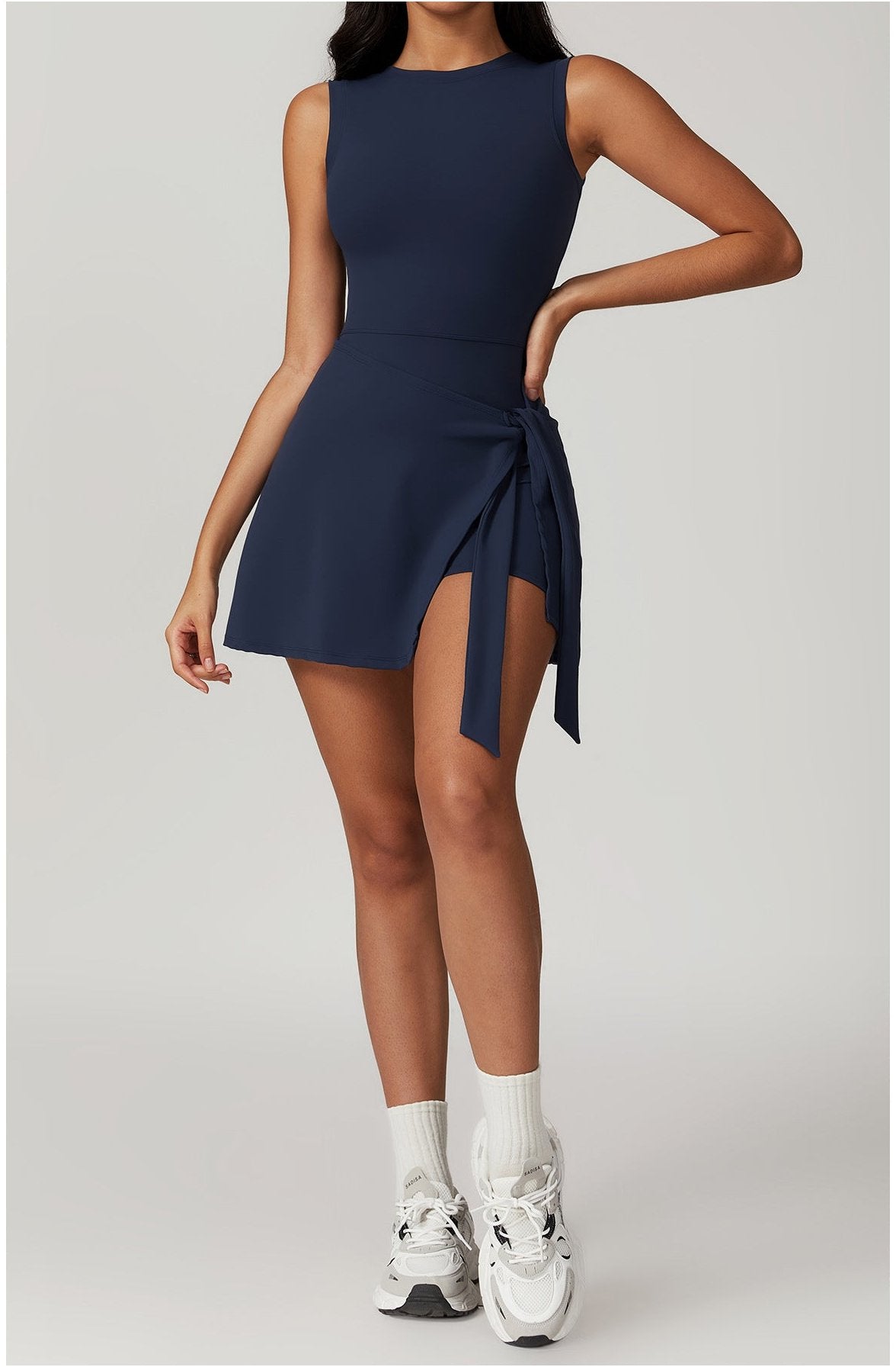 Women's Sleeveless Stretch Nylon Mini Dress with Wrap Waist and Shorts