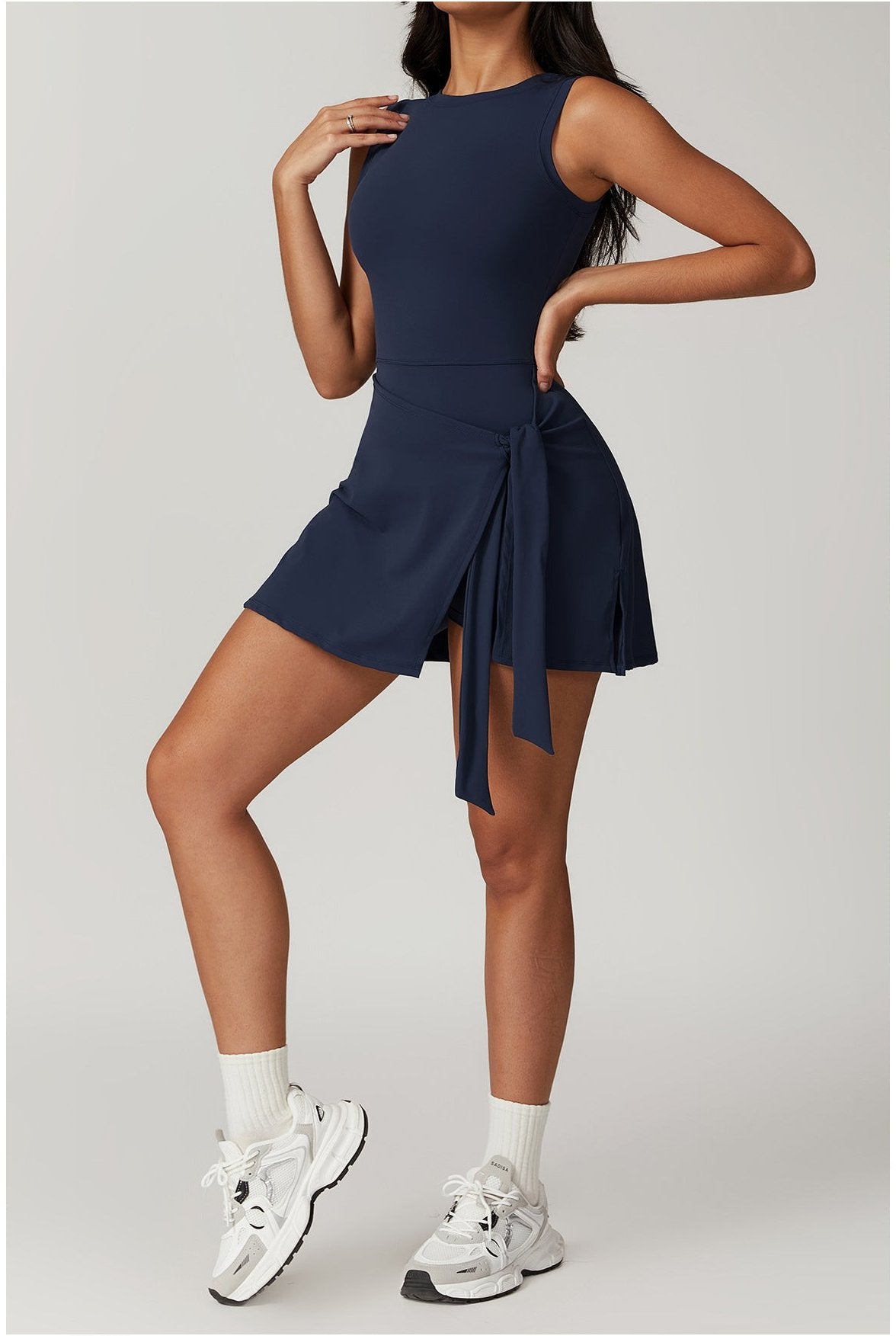 Women's Sleeveless Stretch Nylon Mini Dress with Wrap Waist and Shorts