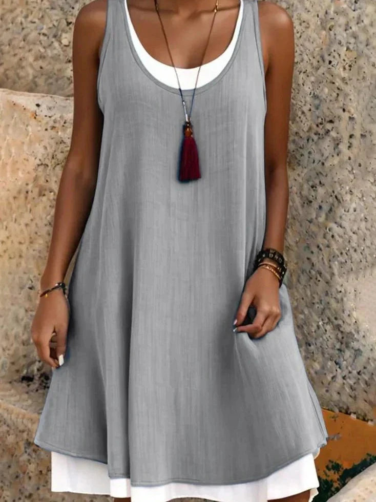 Womens Summer Dress Faux Two-Piece Scoop Neck Linen Look Midi