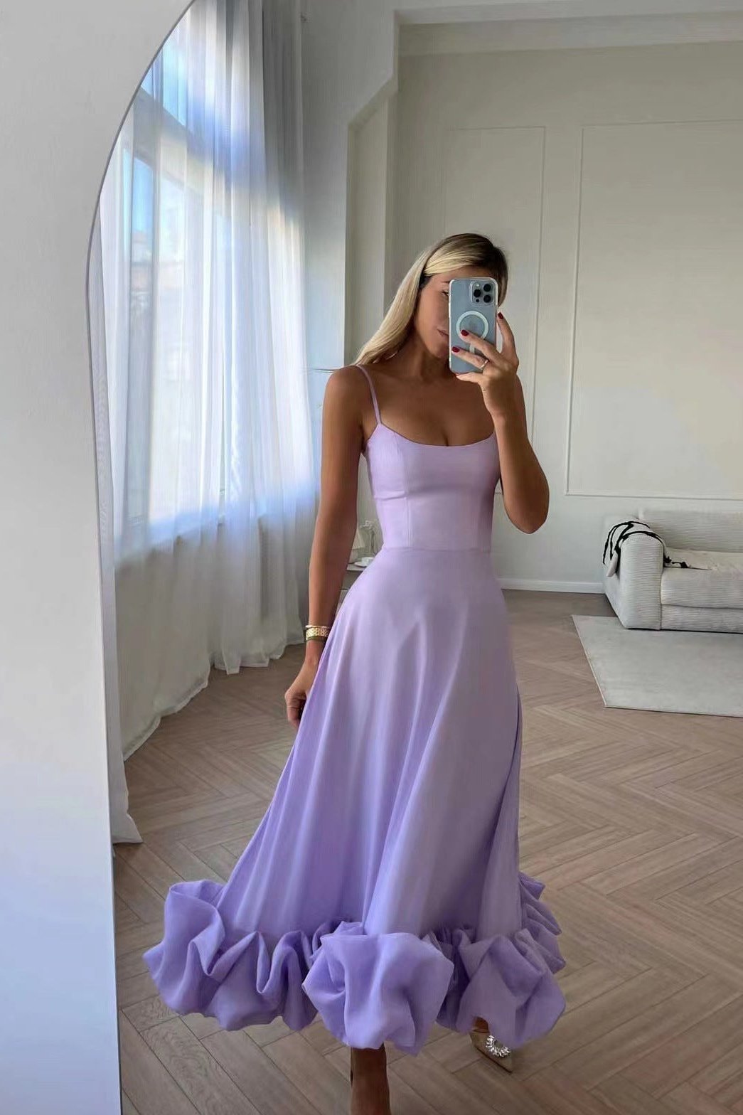 Midi Dress with Ruffle Hem in Chiffon for Women