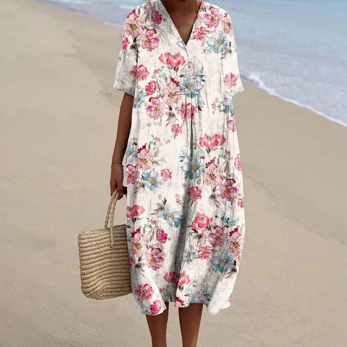 Womens Floral Dress with V-Neckline in Linen Look Midi Length