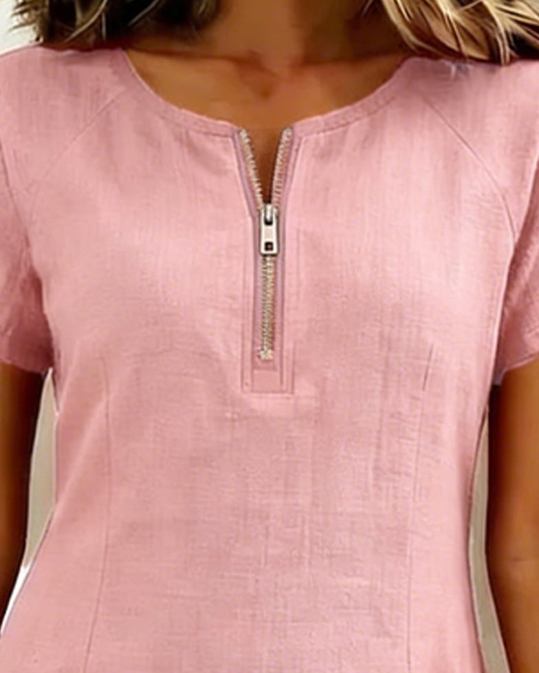 Womens Summer Dress in Linen with Half Zip Neck and Patch Pockets