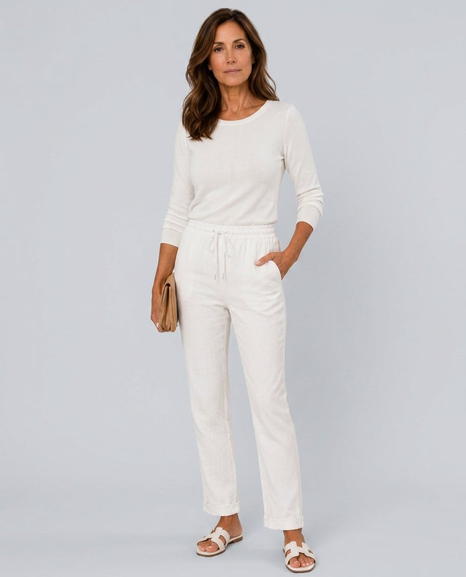 Womens Linen Trousers with Elastic Waist, Straight Leg and Rolled Hem