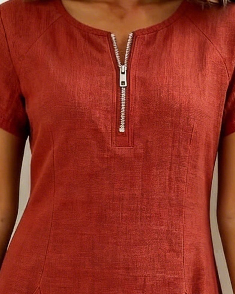 Womens Summer Dress in Linen with Half Zip Neck and Patch Pockets