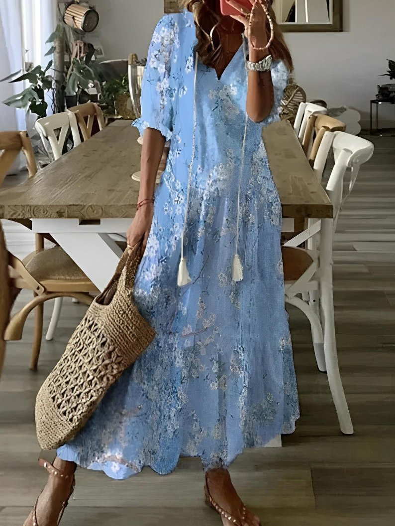 Womens Flowy Dress with V-Neck and Tassel Ties in Ikat Print Maxi