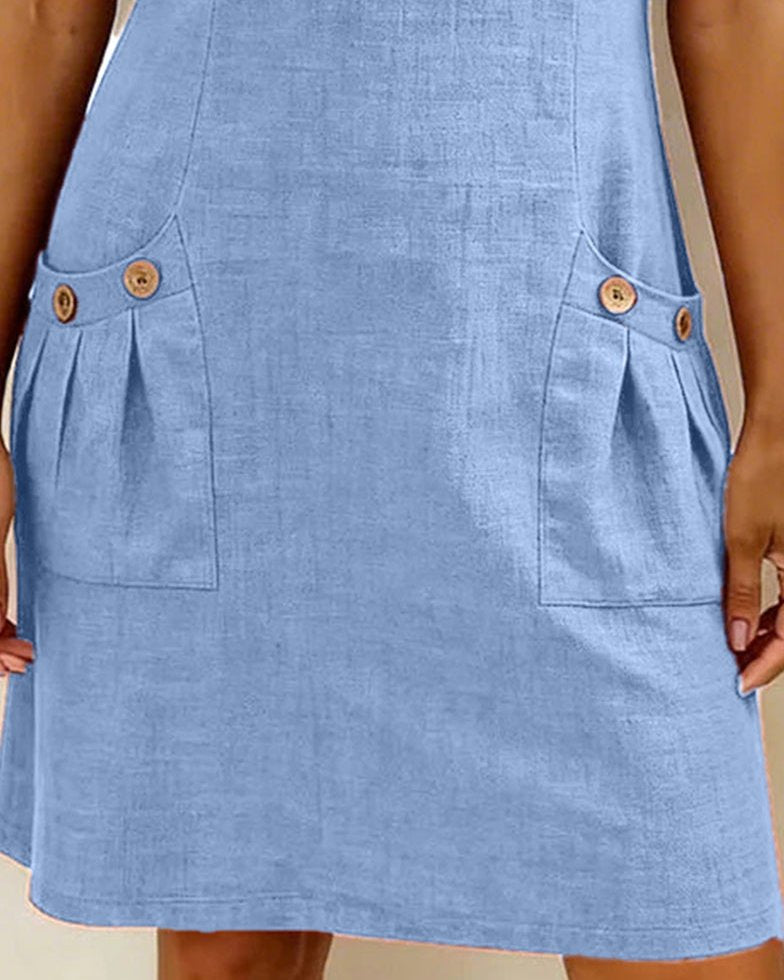 Womens Summer Dress in Linen with Half Zip Neck and Patch Pockets