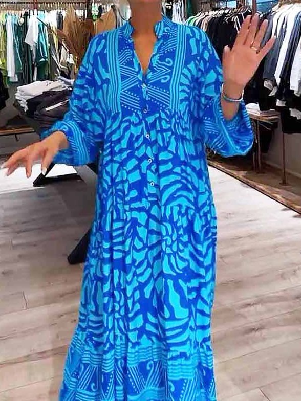 Womens Casual Dress in Printed Maxi Length with V-neck and Cuffs