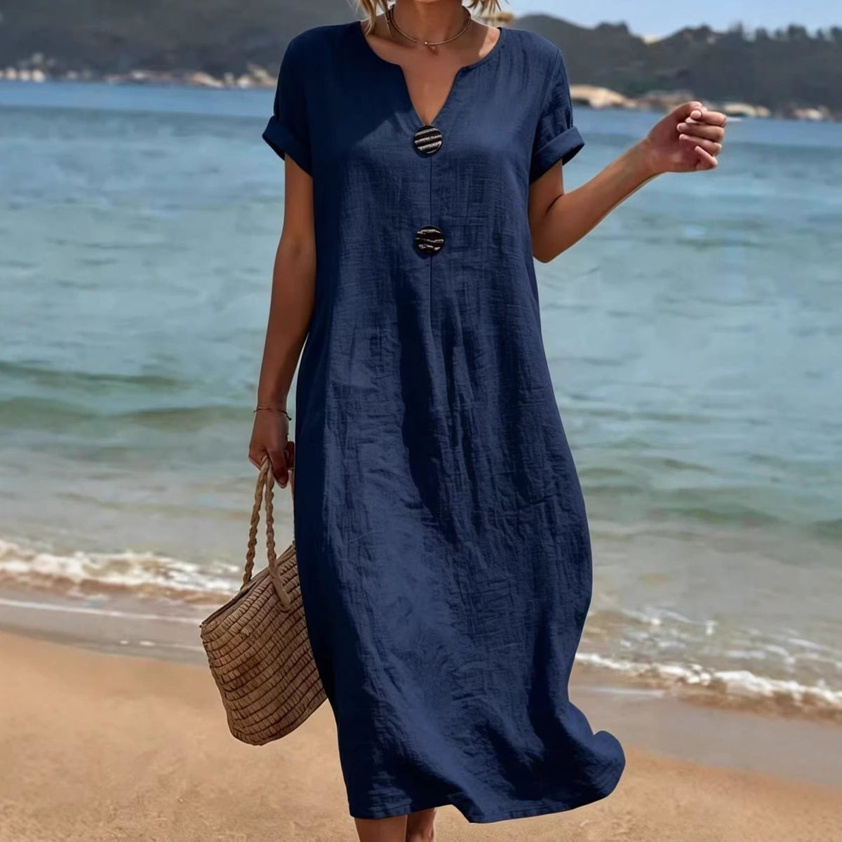 Womens Midi Dress in Cotton Linen with Notch Neck and Button Front