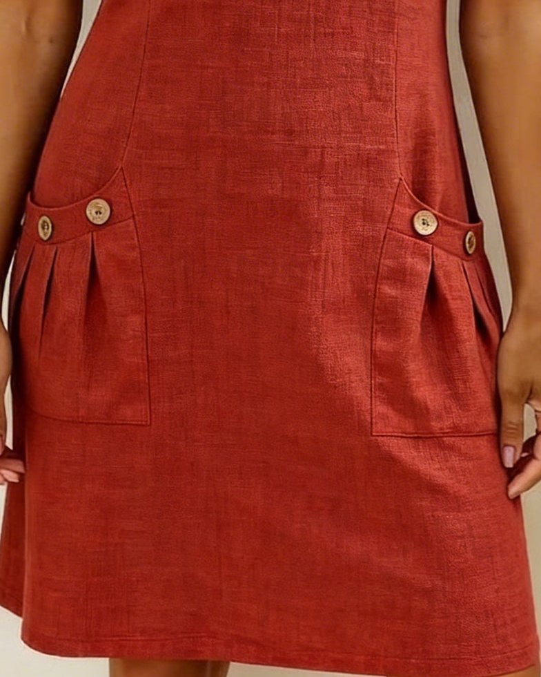 Womens Summer Dress in Linen with Half Zip Neck and Patch Pockets
