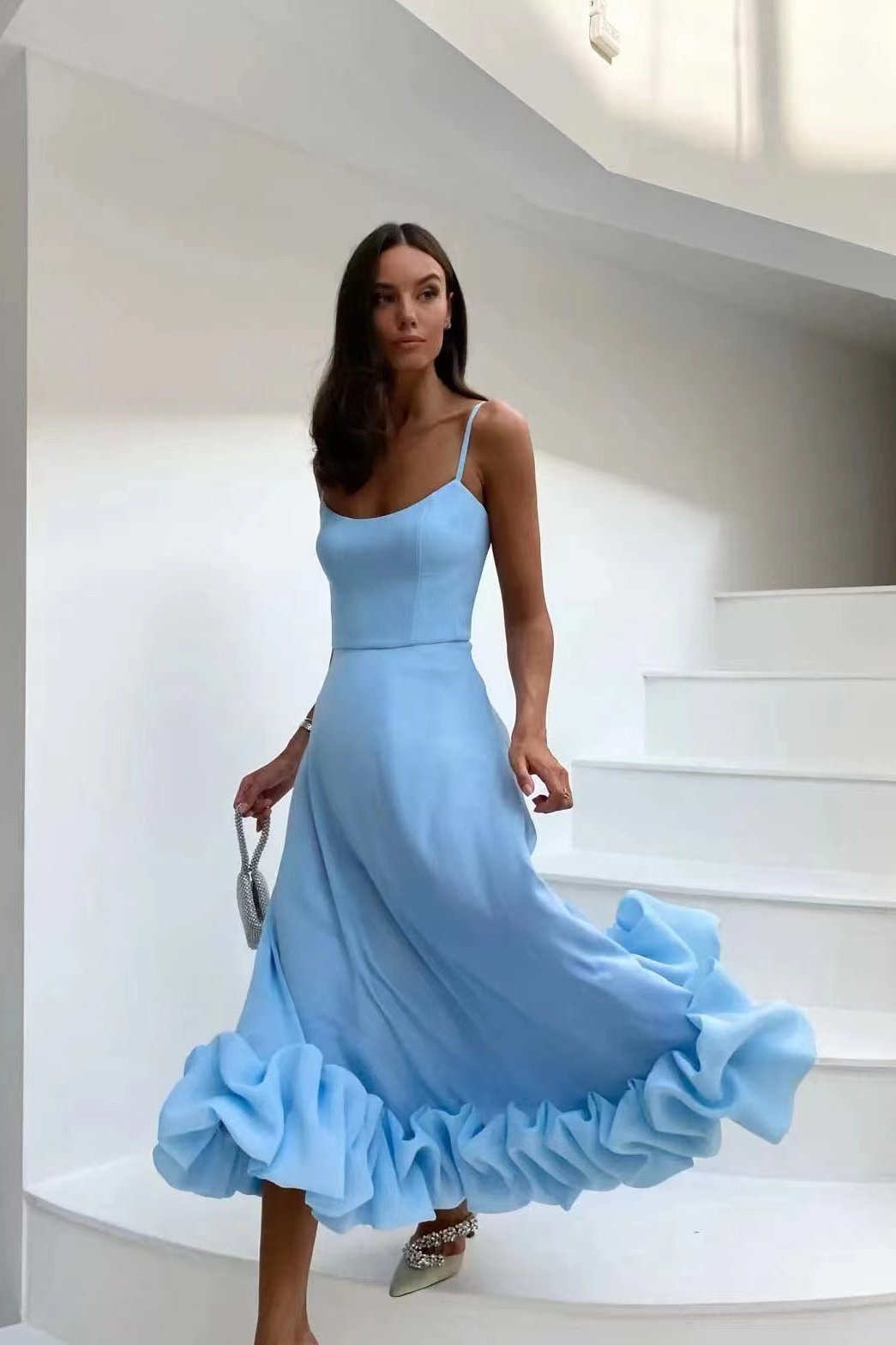 Midi Dress with Ruffle Hem in Chiffon for Women