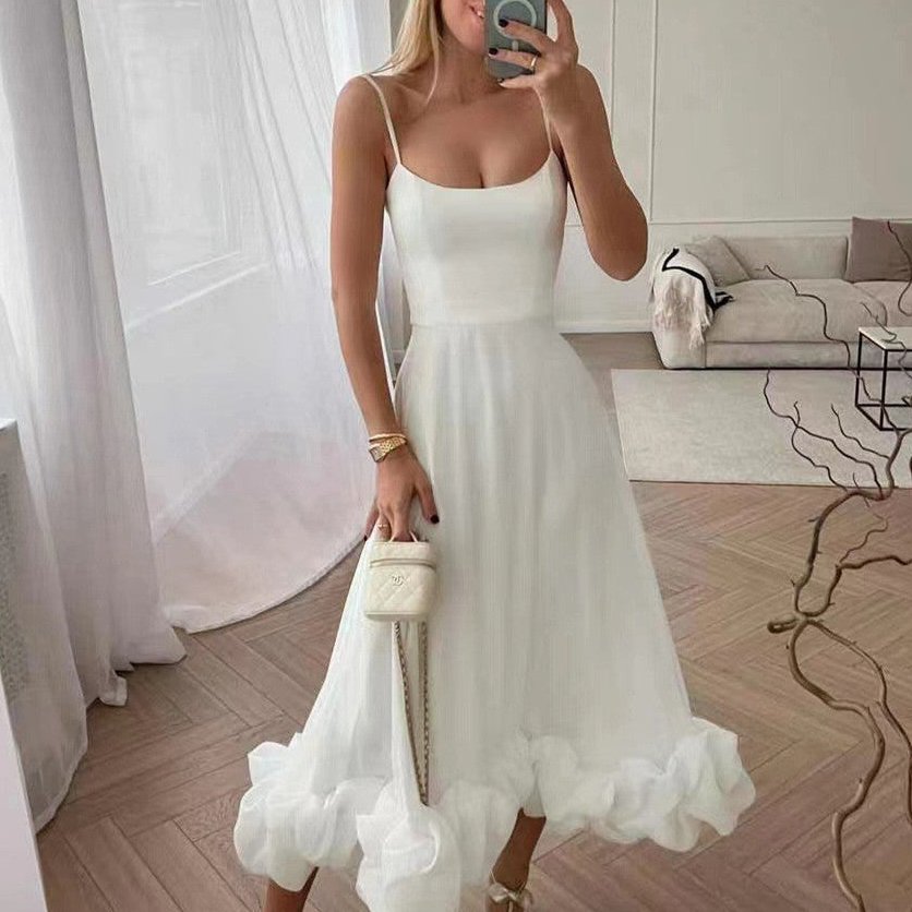 Midi Dress with Ruffle Hem in Chiffon for Women