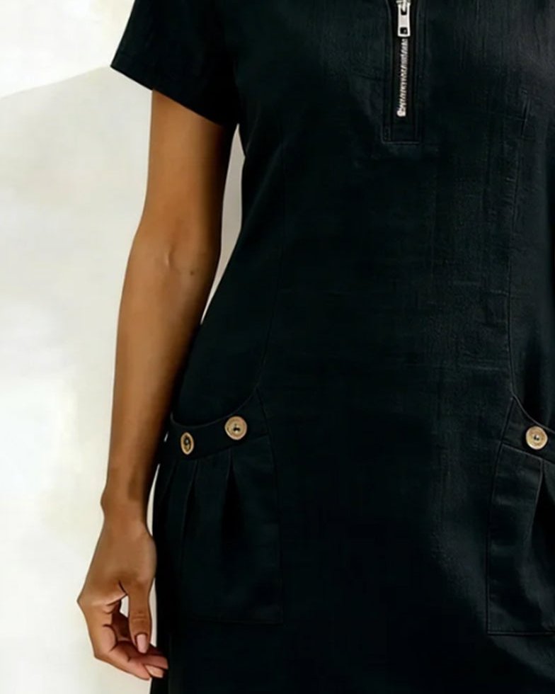 Womens Summer Dress in Linen with Half Zip Neck and Patch Pockets
