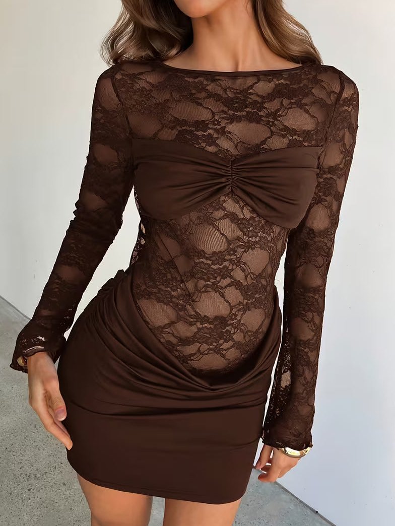Women's Mini Dress with Open Back in Floral Lace and Long Sleeves