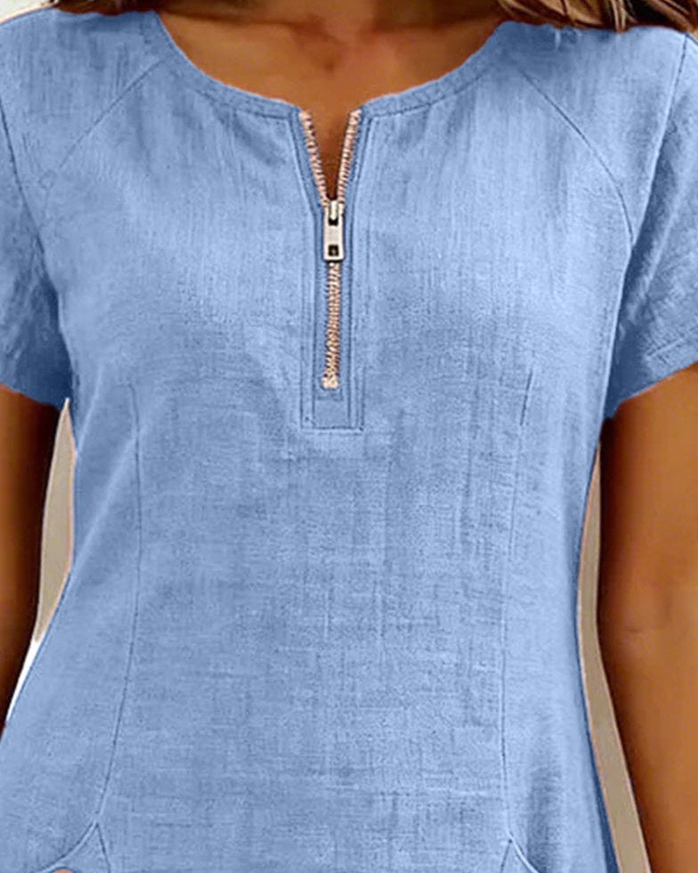 Womens Summer Dress in Linen with Half Zip Neck and Patch Pockets