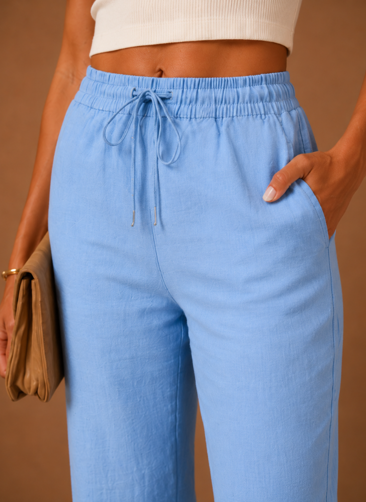 Womens Linen Trousers with Elastic Waist, Straight Leg and Rolled Hem