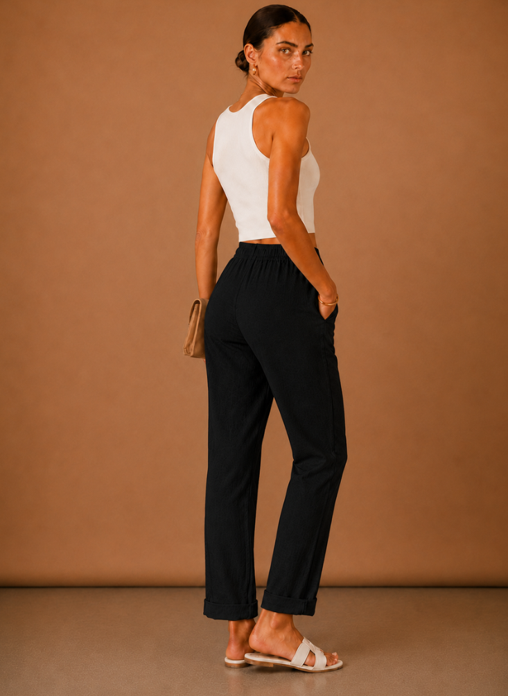 Womens Linen Trousers with Elastic Waist, Straight Leg and Rolled Hem