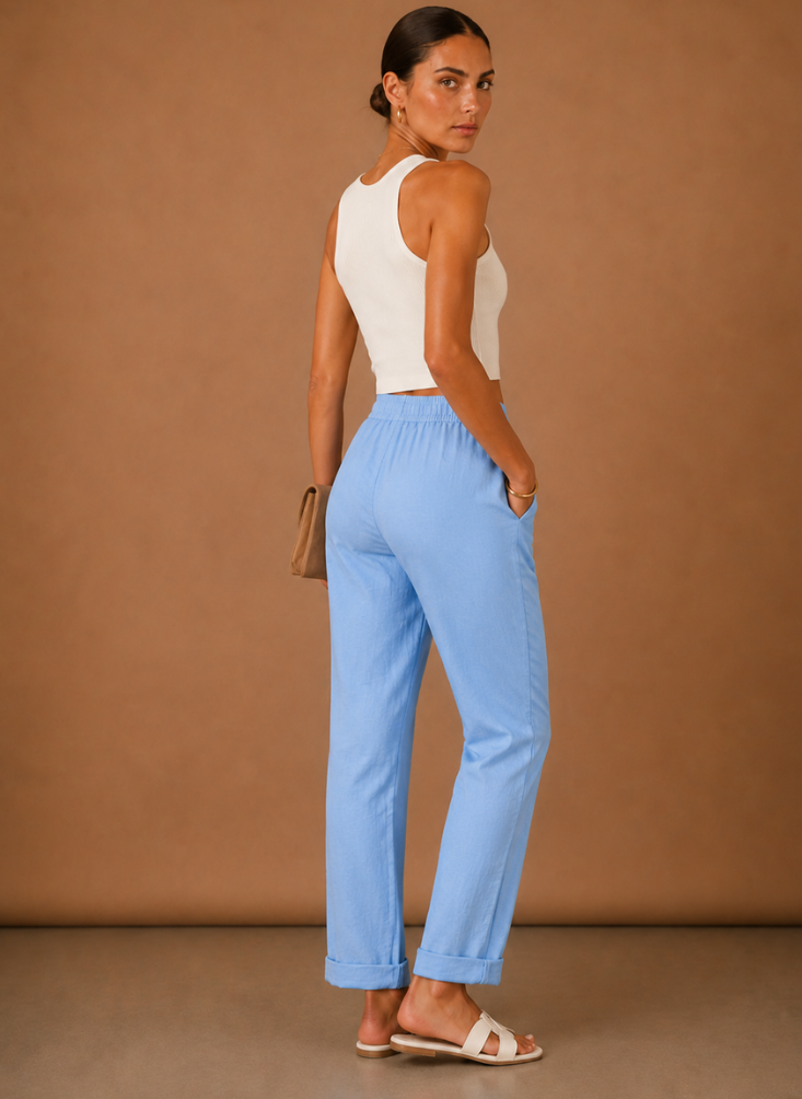 Womens Linen Trousers with Elastic Waist, Straight Leg and Rolled Hem