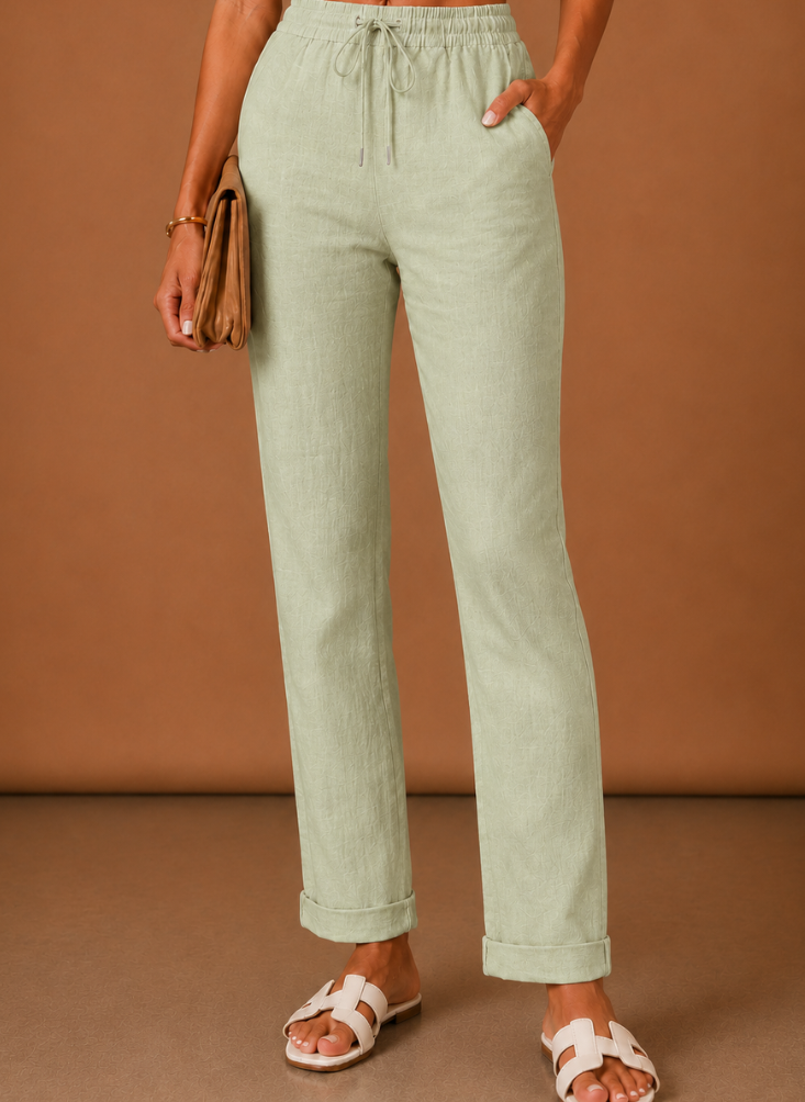 Womens Linen Trousers with Elastic Waist, Straight Leg and Rolled Hem