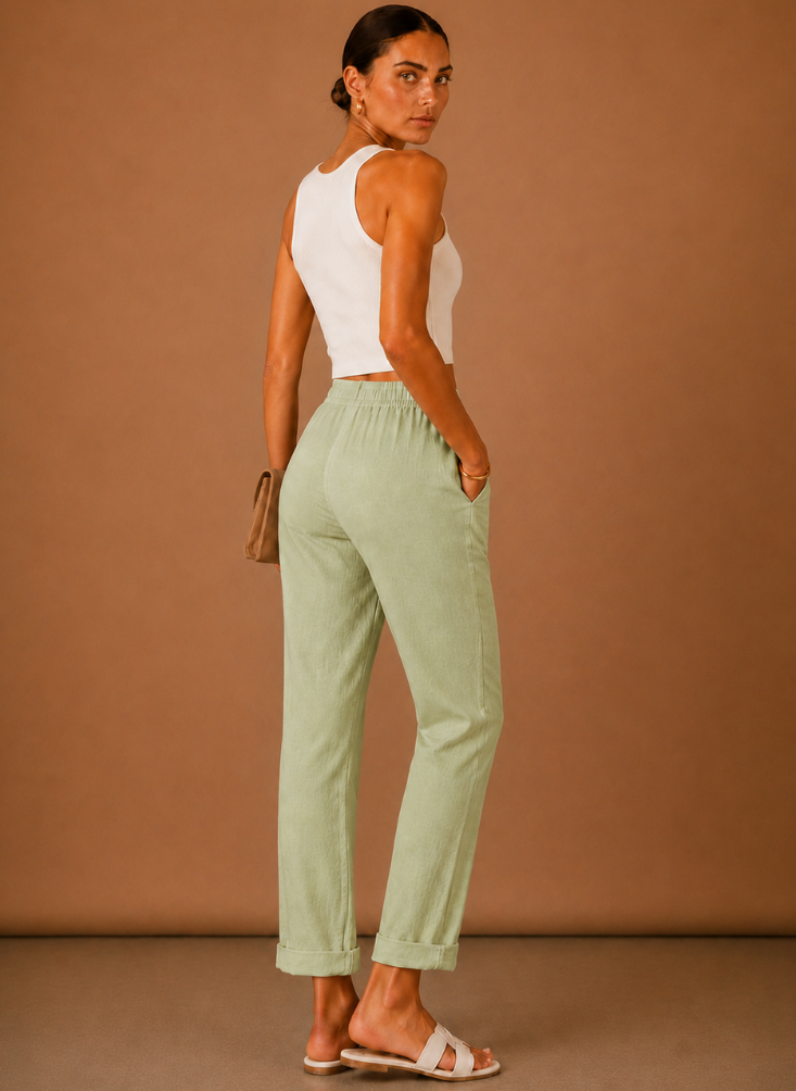 Womens Linen Trousers with Elastic Waist, Straight Leg and Rolled Hem