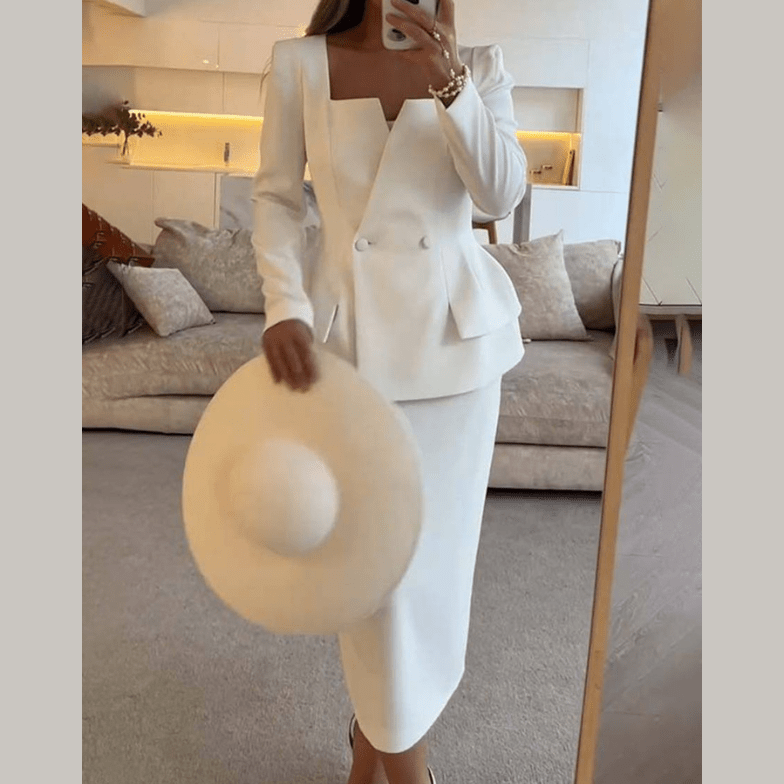 Womens Skirt Suit with Peplum Blazer and Midi Pencil Skirt