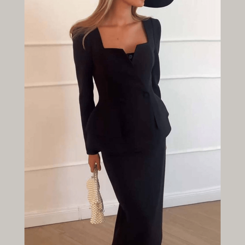 Womens Skirt Suit with Peplum Blazer and Midi Pencil Skirt