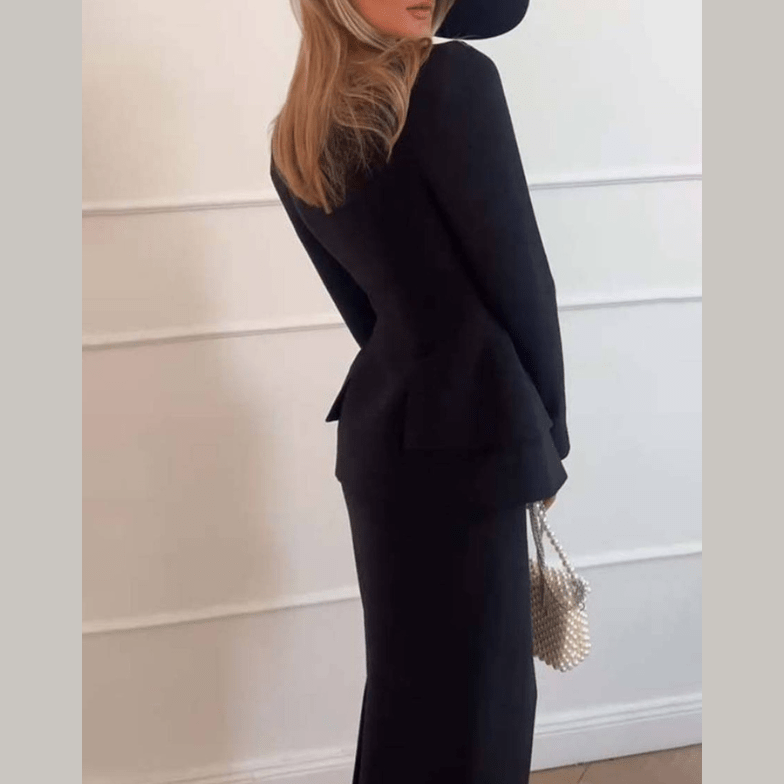 Womens Skirt Suit with Peplum Blazer and Midi Pencil Skirt