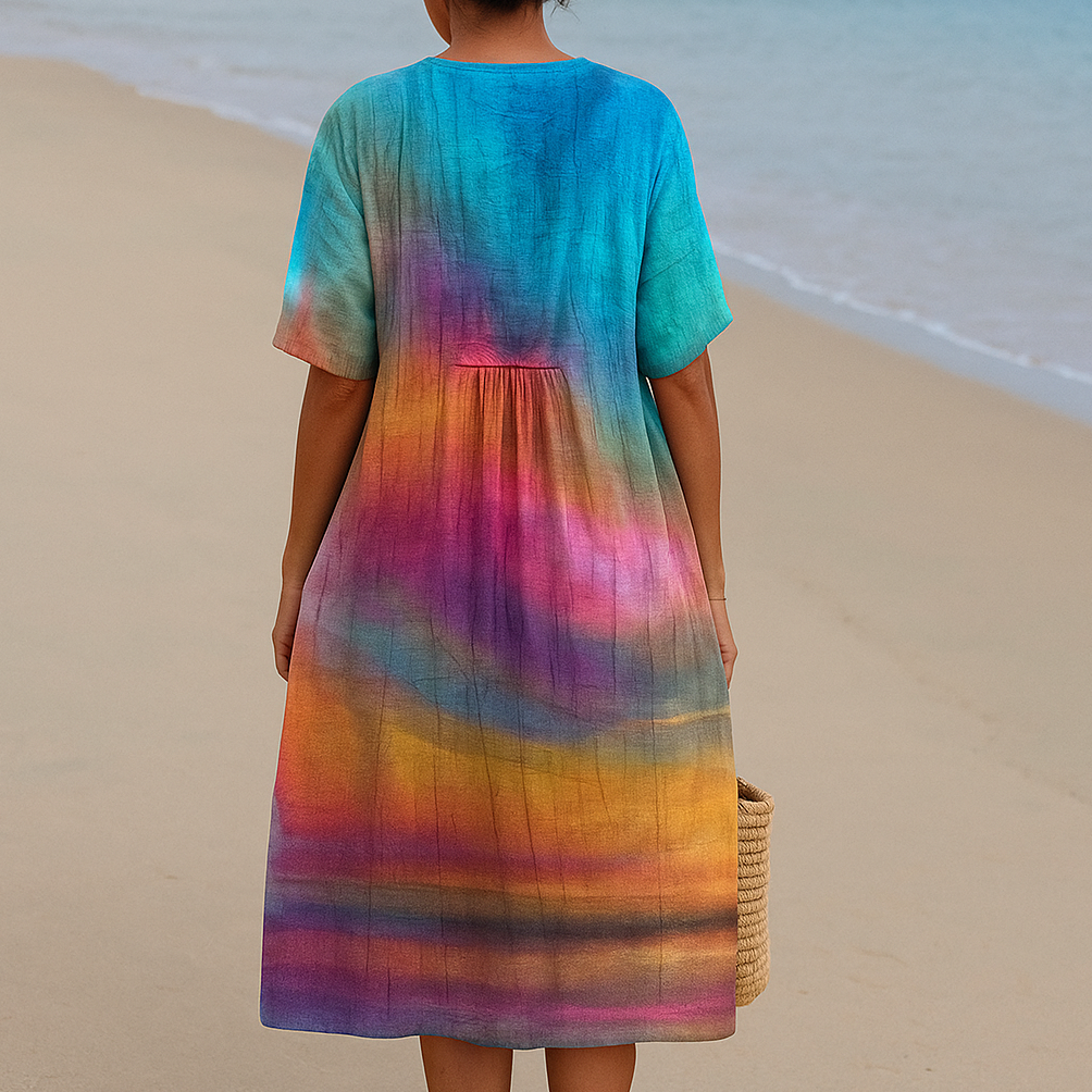 Womens Summer Dress with Ombre Tie-Dye Print and Short Button Front