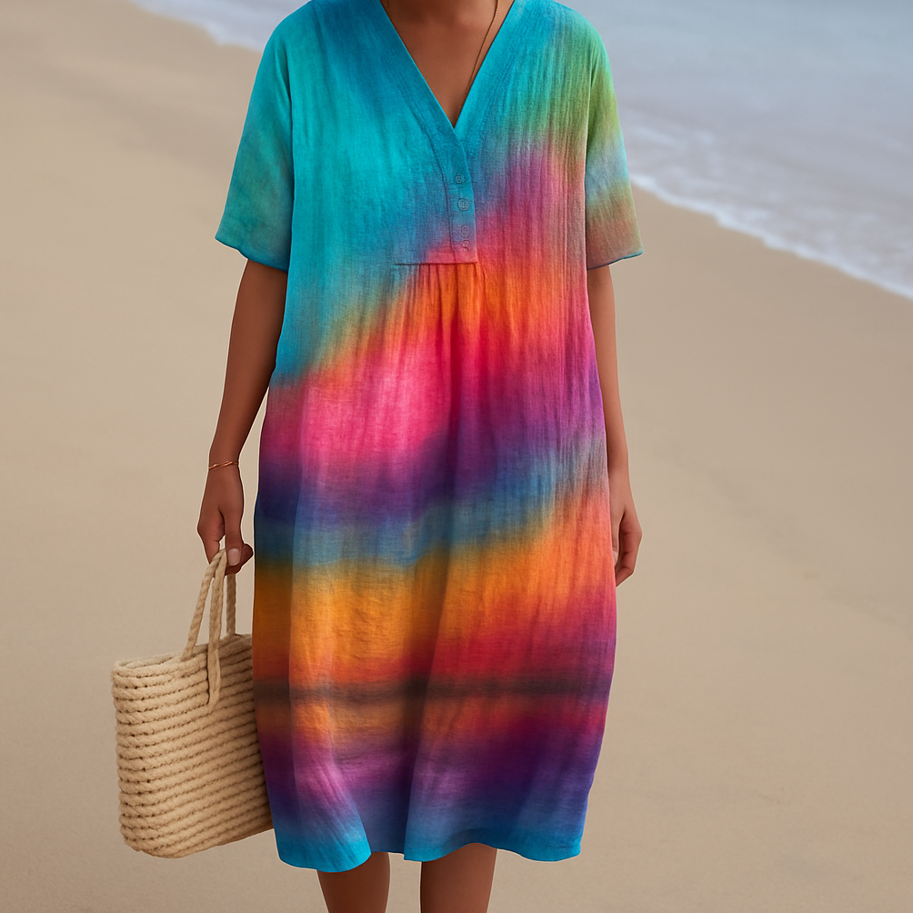 Womens Summer Dress with Ombre Tie-Dye Print and Short Button Front