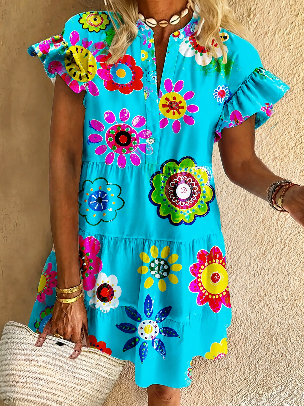 Womens Summer Dress in Blue Boho Floral Print with Ruffle Sleeves