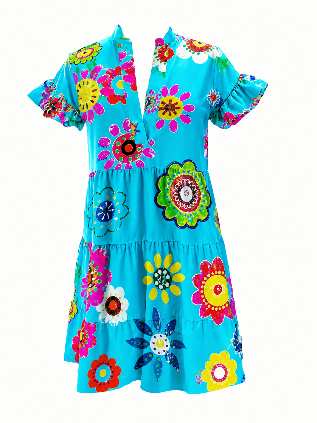 Womens Summer Dress in Blue Boho Floral Print with Ruffle Sleeves