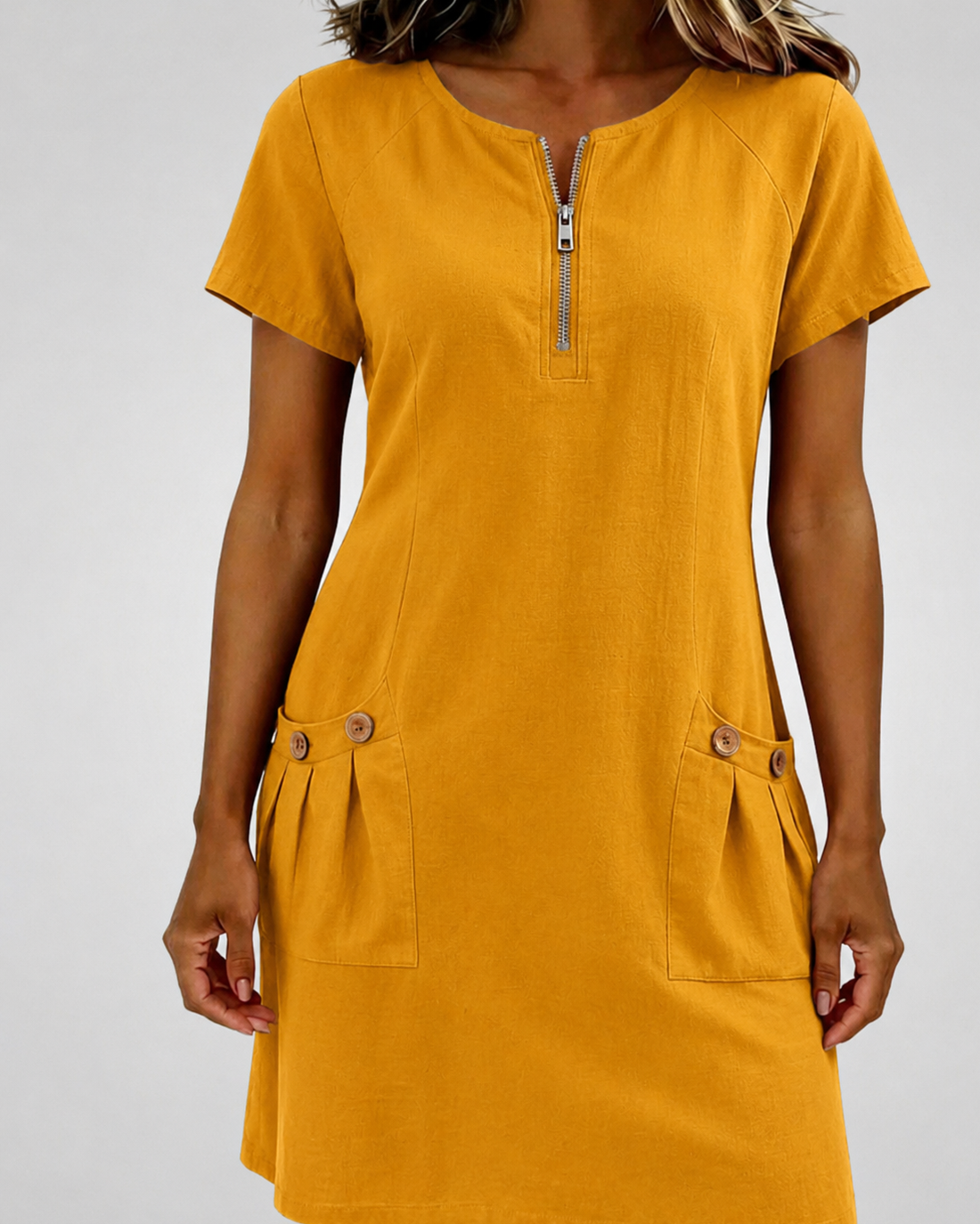 Womens Summer Dress in Linen with Half Zip Neck and Patch Pockets