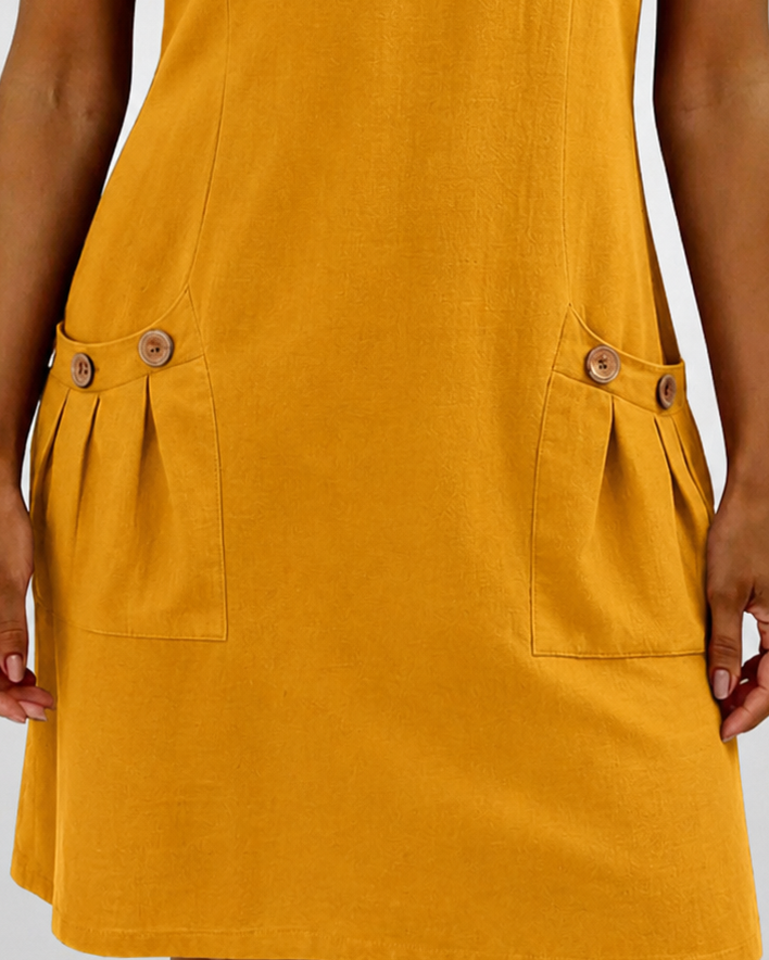 Womens Summer Dress in Linen with Half Zip Neck and Patch Pockets