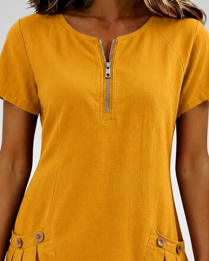 Womens Summer Dress in Linen with Half Zip Neck and Patch Pockets