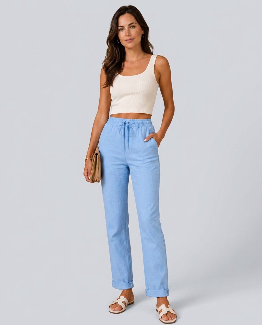 Womens Linen Trousers with Elastic Waist, Straight Leg and Rolled Hem