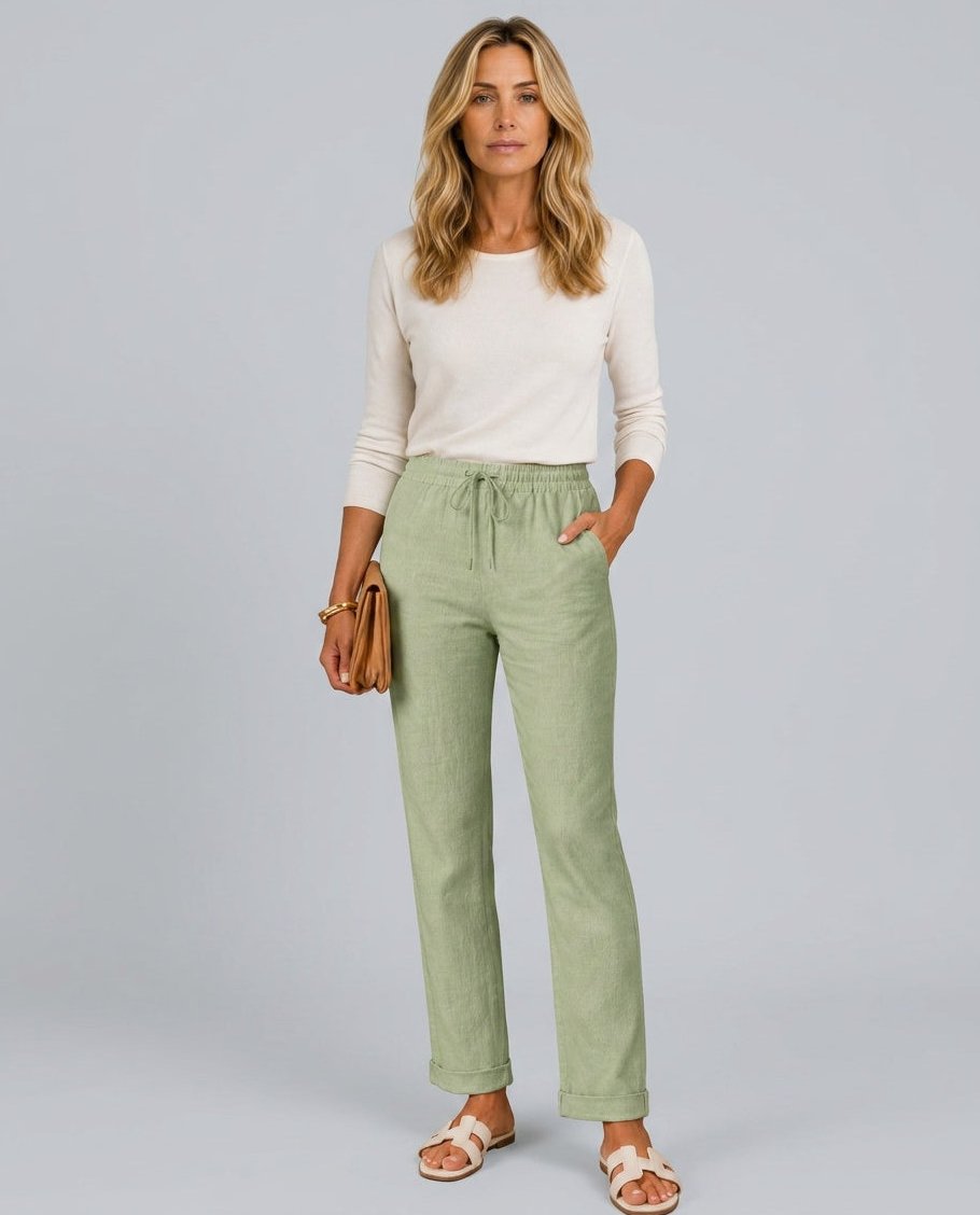 Womens Linen Trousers with Elastic Waist, Straight Leg and Rolled Hem