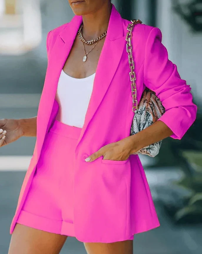 Womens Shorts Set with Longline Blazer in Matte Suiting Fabric