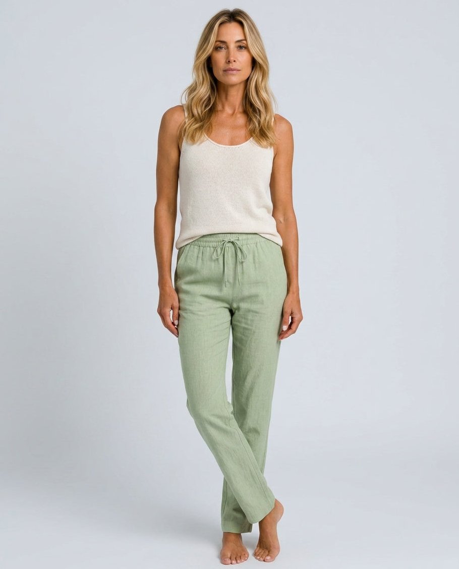 Womens Linen Trousers with Elastic Waist, Straight Leg and Rolled Hem