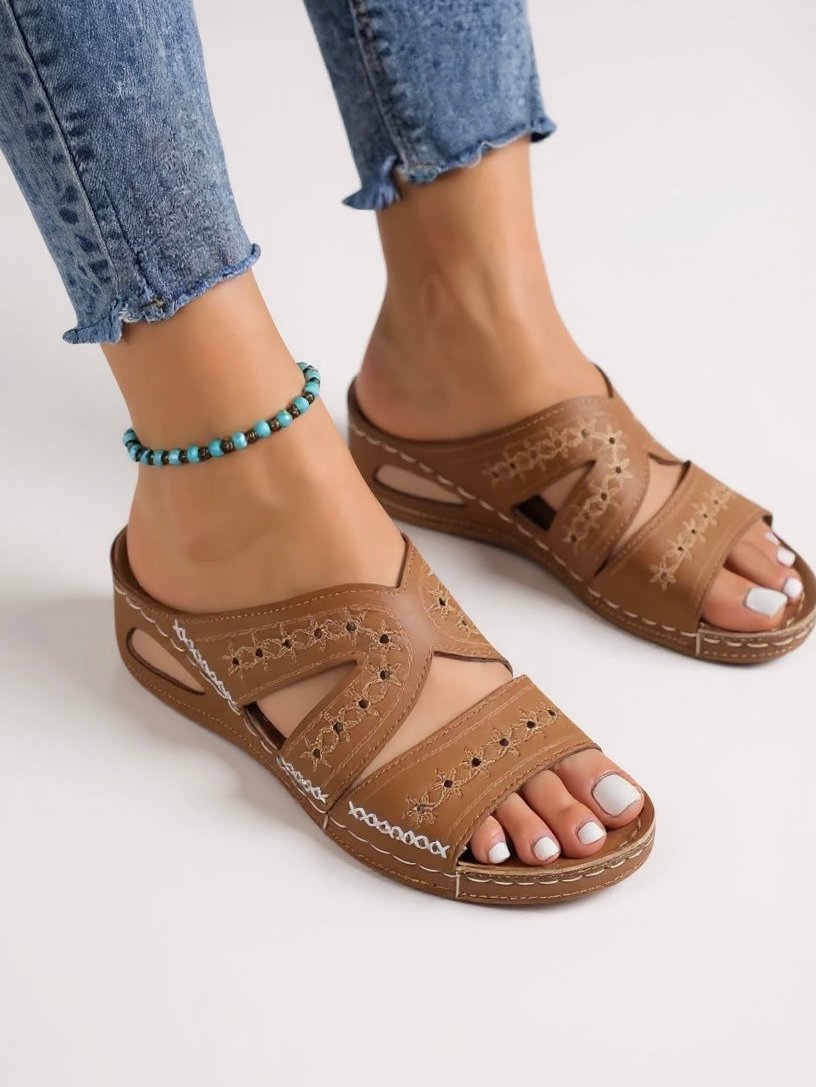 Womens Slide Sandals with Floral Embroidery in Leather Look
