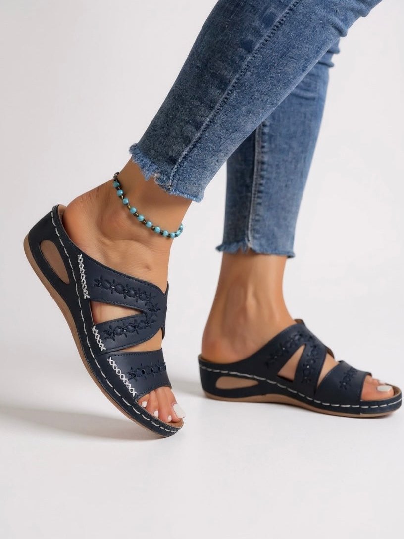 Womens Slide Sandals with Floral Embroidery in Leather Look