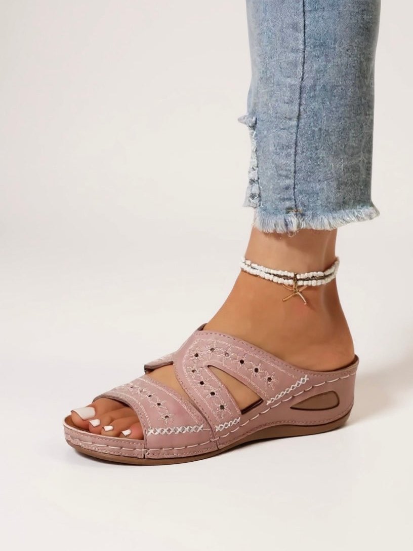 Womens Slide Sandals with Floral Embroidery in Leather Look