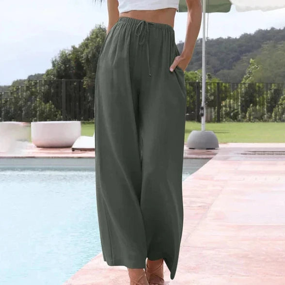 Womens Linen Trousers with Wide Leg, High Waist and Drawstring