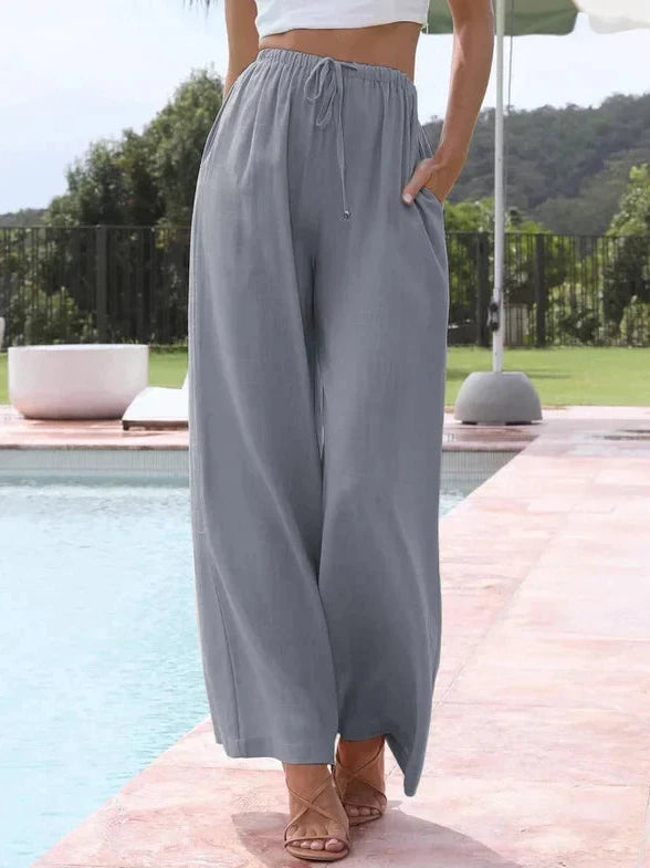 Womens Linen Trousers with Wide Leg, High Waist and Drawstring