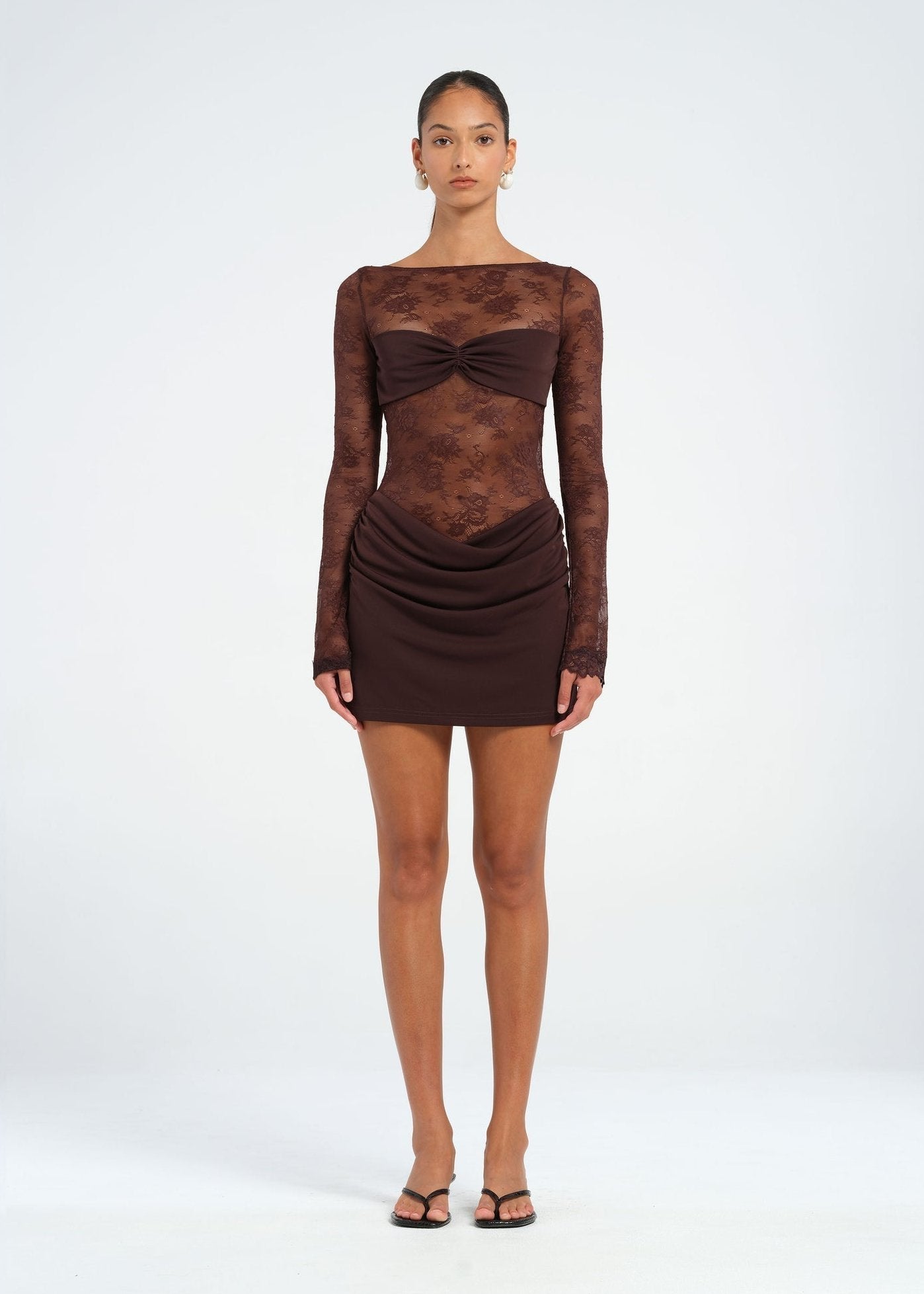 Women's Mini Dress with Open Back in Floral Lace and Long Sleeves
